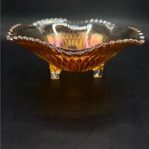 VTG Jeanette marigold peach iridescent carnival glass candy dish 6 in, 3 footed